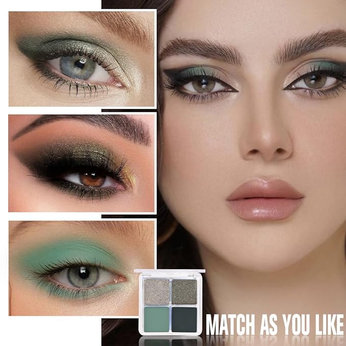 4 Colors Soft Mint Deep Emerald Gunmetal Silver Eye Shadow Palette Makeup, Highly Pigmented Waterproof Matte Shimmer Eyeshadow Palette for Women, paleta de sombras de ojos, Vegan & Cruelty-free