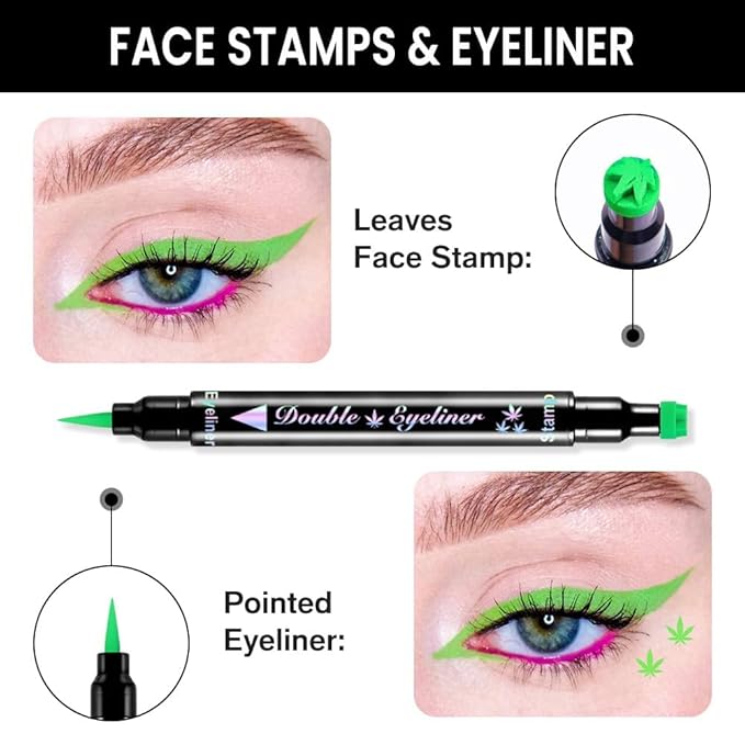 7Pcs Colored Liquid Eyeliners with Face Stamps – Black Brown Purple Blue Red Pink Green Star Flower Heart Moon Triangle Stamps for Cosplay & Gothic Makeup – Beginner-Friendly (multicolor-7Pcs-set02)
