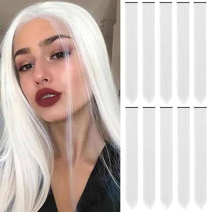 22 inch Colored Hair Extensions, Multi-colors Party Highlights Clip in Long Synthetic Hair Extensions for Girls Women Kids Party Gift(10 PCS White)