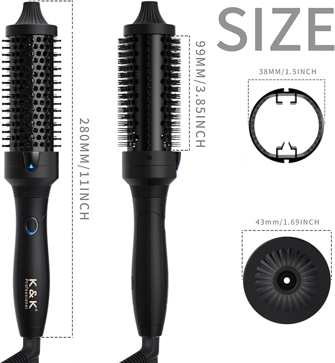 K&K Thermal Brush, 1.5 Inch Heated Round Brush, Professional Heated Curling Ceramic Tourmaline Ionic Curling Iron, Hot Styling Volumizing Tool, Dual Voltage Black