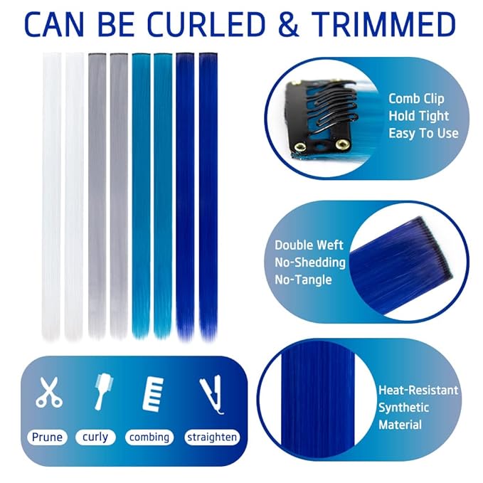 24 Pcs Colored Clip in Hair Extensions 20 Inch Long Straight Party Highlights Synthetic Hairpieces for Women Kids Girls(White, Gray, Blue, Navy blue)