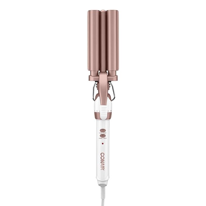 Conair Double Ceramic 3 Barrel Curling Iron, Hair Waver, Create Beachy Waves, Long-Lasting Natural Tight Waves for all Hair Lengths, White / Rose Gold