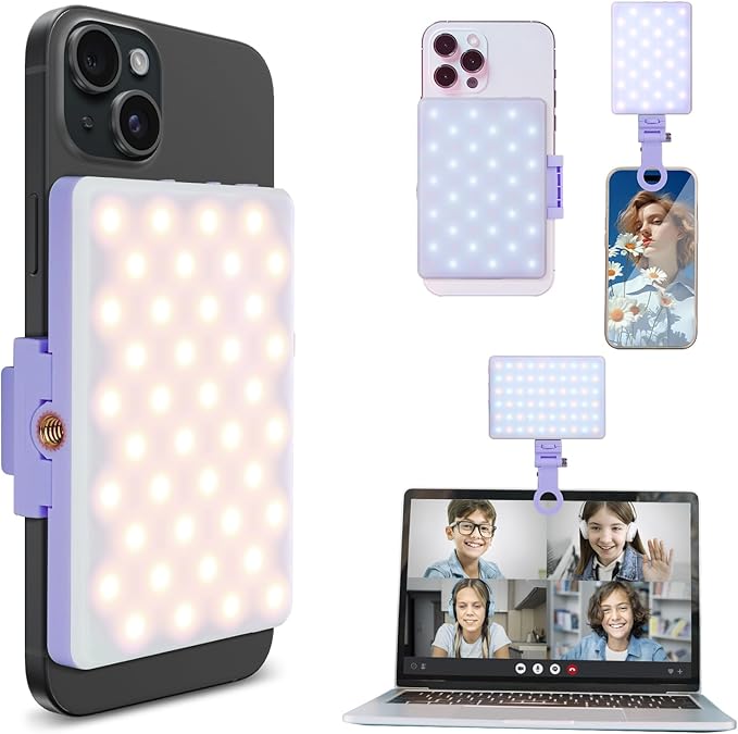Inspack 60 LED Selfie Light for iPhone, with Back Clip & Front, Portable Phone Clip for Tiktok Video Recording, Zoom Calls Lighting Computer, High Power Rechargeable with 3 Light Modes, Purple