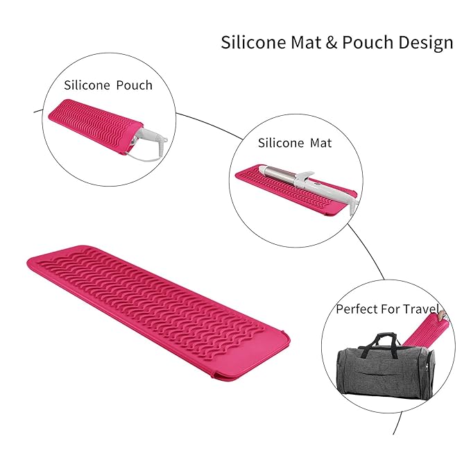 Heat Resistant Silicone Travel Mat Pouch for Hair Styling Tools, 2 Pack, 11 x 5 inches, Slip Resistant, Foldable, Easy-to-Clean, Multipurpose, Grey & Hot Pink