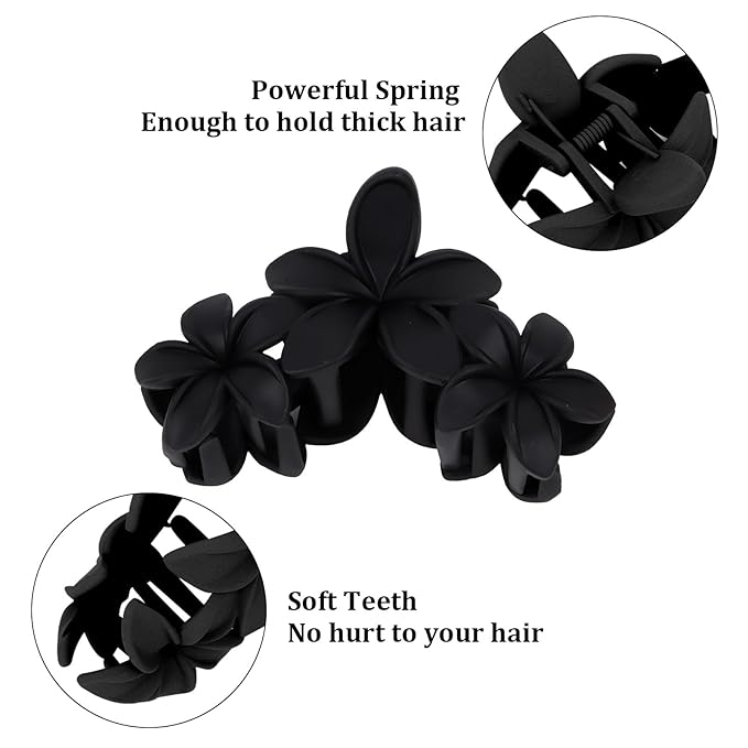 4PCS Matte Flower Hair Clips - Non-Slip Large Plumeria Clips for Thick Hair, Strong Hold for Women and Girls (Black)
