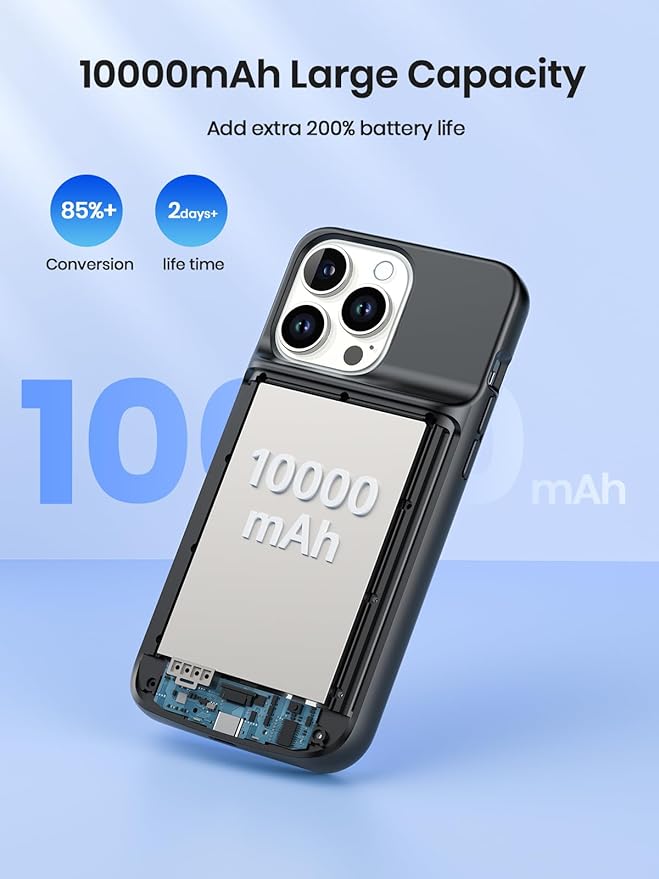 NEWDERY Battery Case for iPhone 15 Pro/iPhone 15 10000mAh, USB C Qi Wireless Charging Case, Portable Rechargeable Extended Charger Case Battery Pack - 2023 Release Black