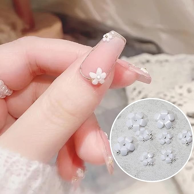 3D Mix-sized Acrylic White Flowers Nail Charms Polar Butterfly Bear Spring Blossom Flower with Starry AB Crystals Rhinestones Pearls Mix Gold for Art DIY Crafting Designs