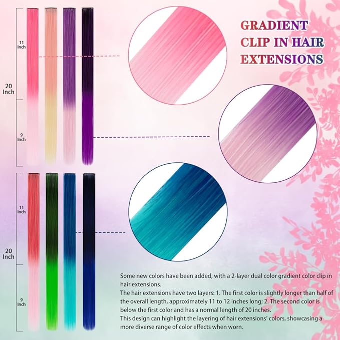 36 Pcs Colored Clip in Hair Extensions 20 Inch Long Straight Party Highlights Colorful Hair Extensions Synthetic Hairpieces for Women Kids Girls(18 colored)