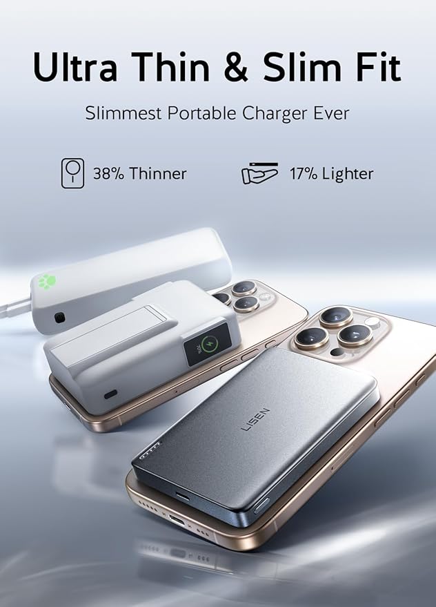 LISEN 0.5‘’ Ultra Slim MagSafe Portable Charger iPhone,Alloy 10,000mAh Wireless Charge Card Phone Charger,Slim MagSafe Battery Pack,Magnetic Power Bank for iPhone 16e Pro Max/15/14/13/12,Gold