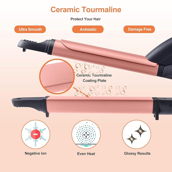 2 in 1 Flat Iron Curling Iron in One, Travel Hair Straightener and Curler Dual Voltage Mini Straightener Curler Combo with 1 Inch Ceramic Plate Rose Gold