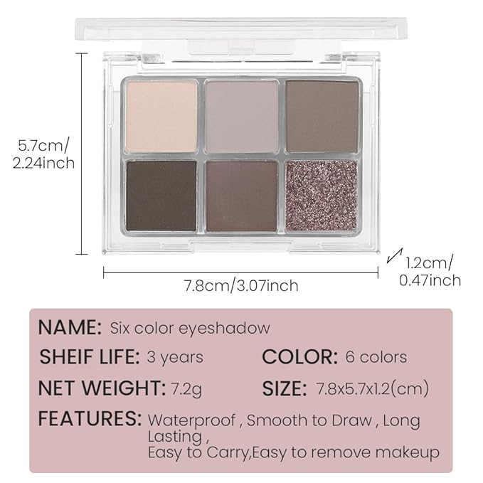 6 Colors Glitter Matte Eyeshadow Palette, Natural Nude Smoky Black Coffee Wine Red Sparkly Eyeshadow Palette Makeup, Smokyd Eye Shadows Palette Long Lasting Naturing-Looking Women Girls Eye Shadow 02
