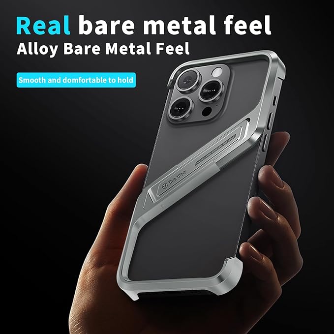 Lightweight Aluminum Alloy Shockproof Frame Case for iPhone 15 Pro Max Metal Bumper Cover with Hidden Stand (Gray)