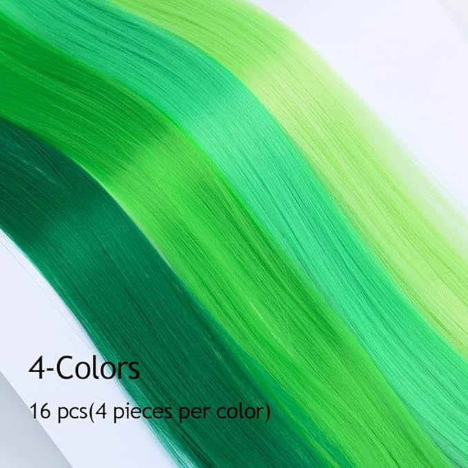 16Pcs Green Colored Clip in Hair Extension Multi-colors Party Highlights Synthetic 20inch Color Hairpiece Halloween Cosplay Party Christmas New Year Gift for Women Kids Girls (Mix Green)