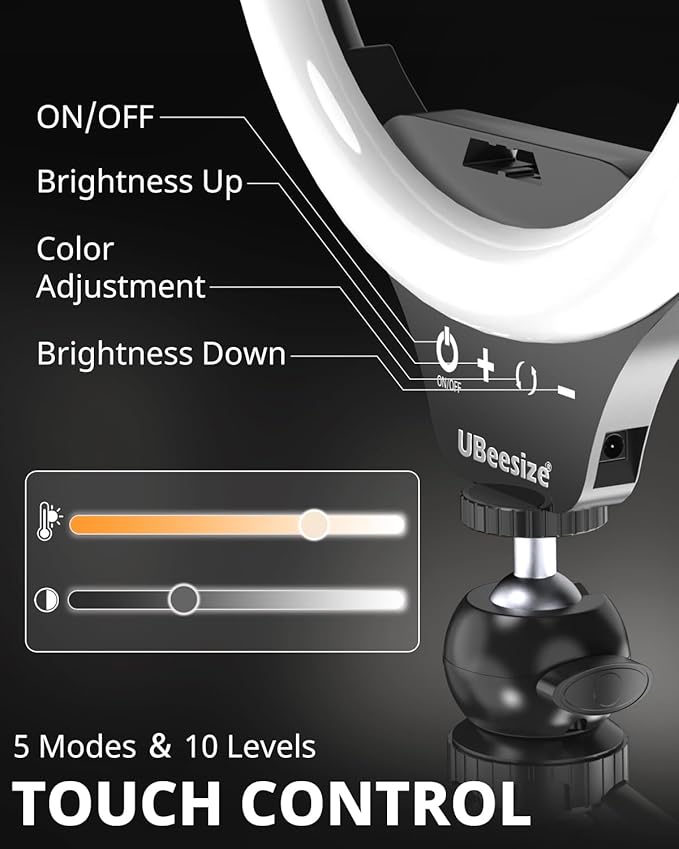 UBeesize 10" Selfie Ring Light with Tripod Stand & Cell Phone Holder, Dimmable Desktop LED Circle Light for Live Streaming/Makeup/YouTube/TIK Tok, Compatible with iOS and Android Phones Black