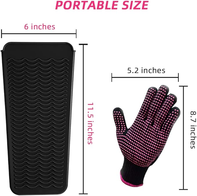 Heat Resistant Silicone Mat and Glove Set for Hair Straighteners and Flat Irons - 11" x 6" Mat, 8.7" x 5.2" Bump Glove, Black