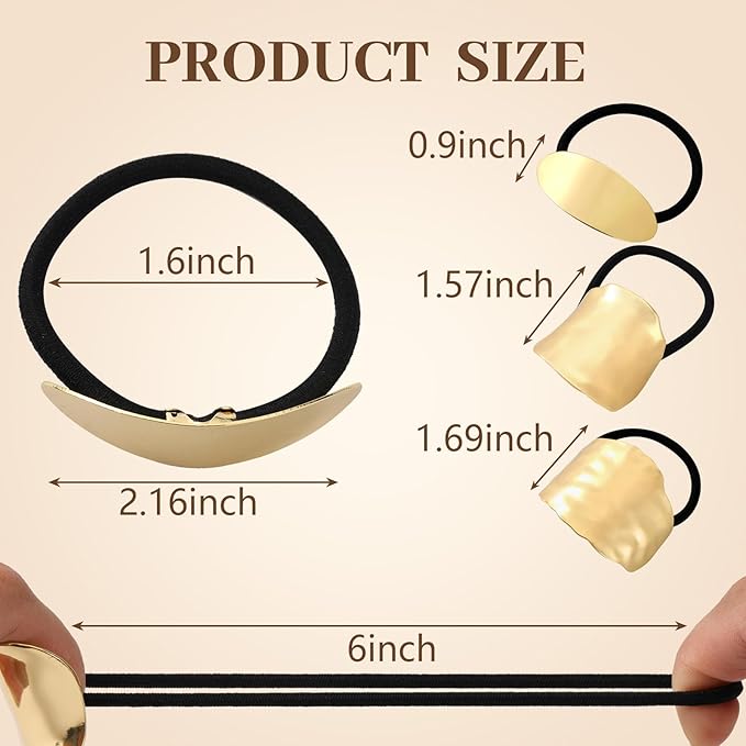 3PCS Gold Hair Ties, Metal Hair Ties for Thick Hair, Elegant Durable Geometric Design Hair Cuffs, Gold Hair Accessories Stretchy and Non-Damage Ponytail Holders 3 Style