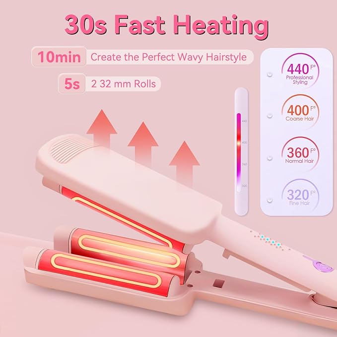 CHIKYO 3 Barrel Rovy Wave Curling Iron, 1.25 Inch Hair Crimper Waver, Beach Waves Curling Wand, Deep Waver Hair Curler Hot Tool with Ceramic Hair Curler for Women, Dual Voltage, Easy to Use,1.4m Cord