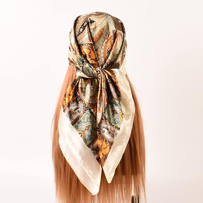35 x 35 Women's Fashion Pattern Large Square Silk Like Hair Scarf Head Sleeping Wrap Satin Neck Bandana for Gift…