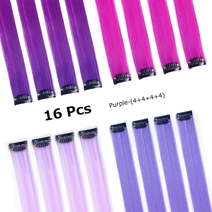 16Pcs Purple Colored Clip in Hair Extension Multi-colors Party Highlights Clip on Synthetic Hairpiece Halloween Cosplay Party Christmas Gift for Women Kids Girls 20inch (MIX Purple)