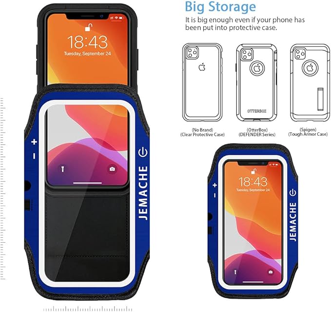 iPhone 16e 16 15 14 Armband with Earphone Holder, JEMACHE Water Resistant Gym Running Workouts Arm Band for iPhone 16e 16 15 14 13 12 11 Pro (Navy Blue)