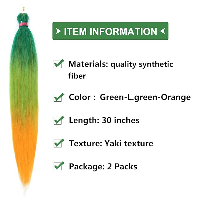 Ombre Green-Orange Pre stretched Braiding Hair 2 Packs Pre feathered Braid Hair Extensions 30 Inches Hair Braids