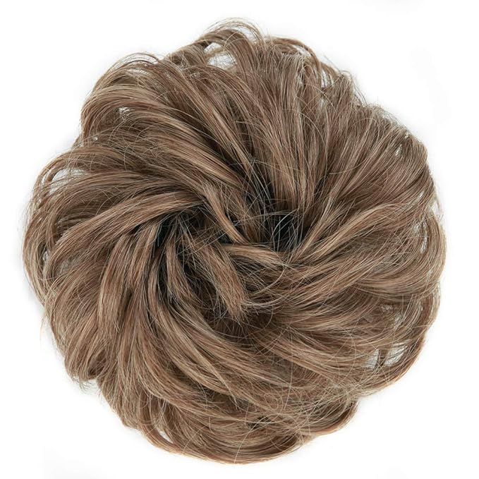 MORICA 1PCS Messy Hair Bun Hair Scrunchies Extension Curly Wavy Messy Bun Hair Synthetic Chignon Hairpieces for Women(12/24#(Light Golden Brown & Pale Golden Blonde Mixed))
