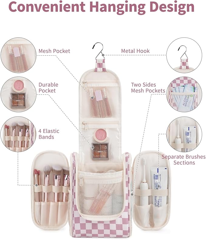 Narwey Small Checked Hanging Travel Toiletry Bag for Women, Travel Bag for Toiletries, Makeup Bag Organizer Cosmetic Bags Make Up Bags for Women (Dusty Rose Checkerboard)