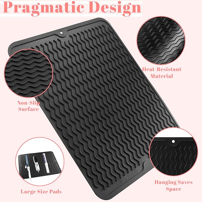 Oversize Silicone Heat Resistant Mat, Heat Mat with Velcro for Curling Iron, Travel Cover Cushion for Curling Irons, Hair Bands and Styling Tools(15.7" X 11.8")