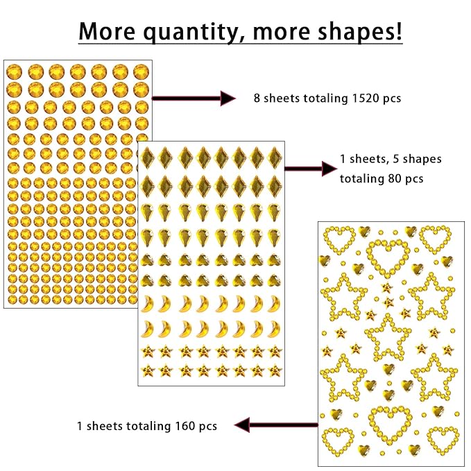 NIACONN 1760 Pcs Gold Yellow Hair Jewels Face Gems Stick on, Self Adhesive Glitter Rhinestones Stickers for Women Body Eyes Nails Festival Halloween Makeup & Crafts
