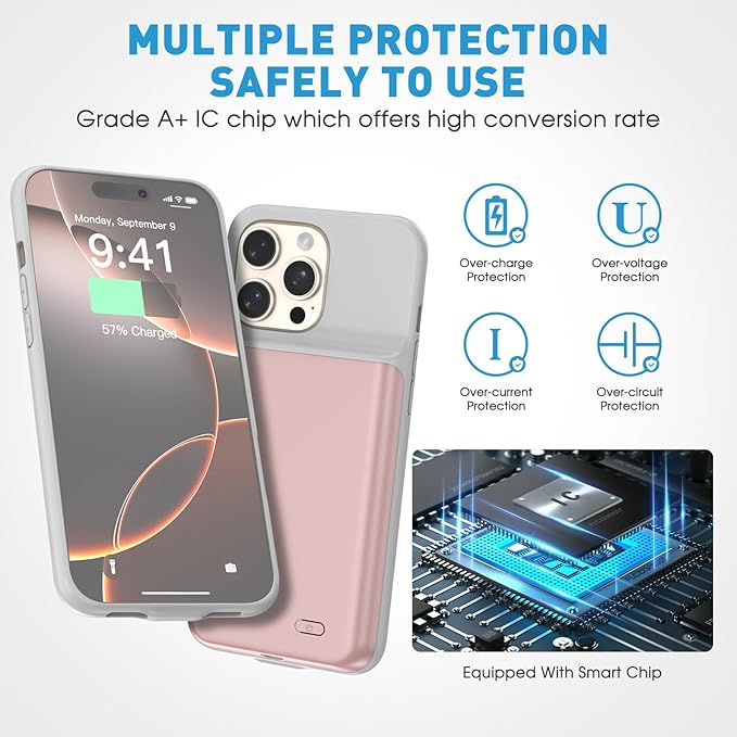 2025 New Upgraded 7000 mAh Travel Battery Case for iPhone 16Pro 6.3inch, Extra Battery Life 15W Fast Charging External Rechargeable Portable Charging Case with HD Tempered Protective Film,Pink