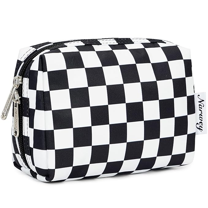 Narwey Small Checkered Makeup Bag for Purse Mini Cosmetic Bag Travel Makeup Pouch Zipper Pouch Cute Make up Bags with Compartments for Women Girls (Black Checkerboard, Small)