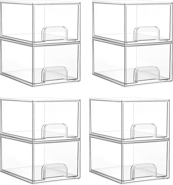 Vtopmart 8 Pack Clear Stackable Storage Drawers, 4.4'' Tall Acrylic Bathroom Makeup Organizer,Plastic Storage Bins For Vanity, Undersink, Kitchen Cabinets, Pantry, Home Organization