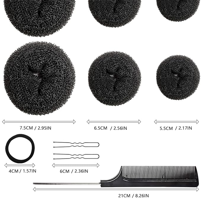 Hair Bun Maker Set, 37 Pieces (2 Large, 2 Medium, 2 Small) Donut Bun Makers, 10 Elastic Hair Ties, 20 Bobby Pins, 1 Comb - Black