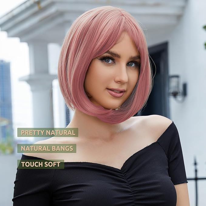 Onpep Pink Wig with Bangs Short Bob Natural Looking Wigs for Women Straight Shoulder Length Heat Resistant Synthetic Wigs