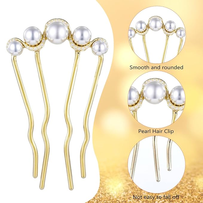 2Pcs Pearl U Shaped Hair Pins Metal Hair Fork Clips, Elegant Bridal Hair Side Comb Hair Pin for Women Girls, French Pearl Hair Styling Accessories for Bridal Wedding Daily Party Holiday