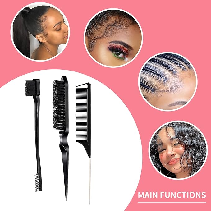 3 Pieces Comb Set for Teasing, Edge & Back Brushing - Rat Tail & Edge Combs for Styling Women's Hair (Black)