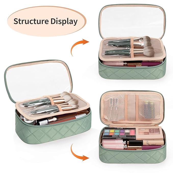OCHEAL Clear Makeup Bag, Portable Storage Organizer Cosmetic Travel Bag Cute Pouch For Women and Girls Cosmetics Bags with Divider Brush Compartment-Green Rhombic b03_Green Rhombic