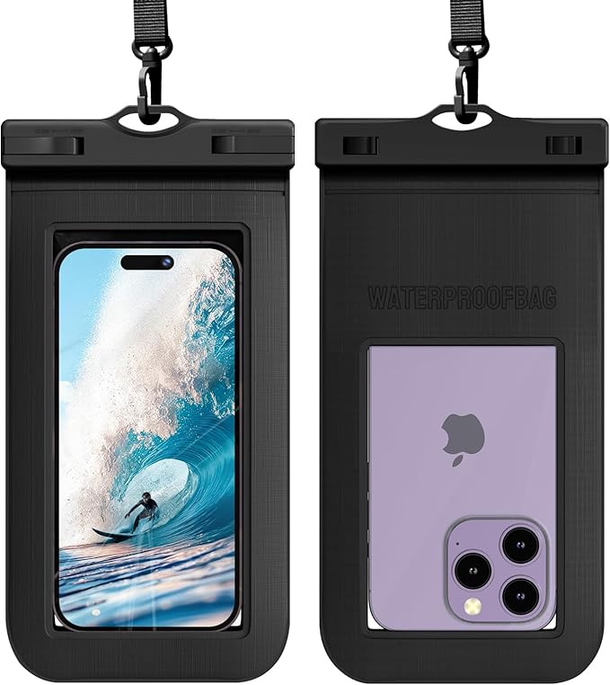 2 Pcs Waterproof Phone Pouch Case Up to 7.2", Floating Universal IPX8 Water Proof Cell Phone Dry Bag for iPhone 16 15 14 13 12 11 Pro Max XR XS SE 2022, Outdoor Sports, Black