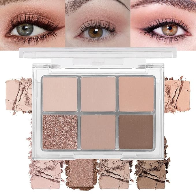 6 Colors Glitter Matte Eyeshadow Palette, Natural Nude Brown Coffee Shimmer Sparkly Eye Shadow Makeup, Warm Pastel Eyeshadows Palette Long Lasting Waterproof Naturing-Looking Women Girls Eye Shadow 02