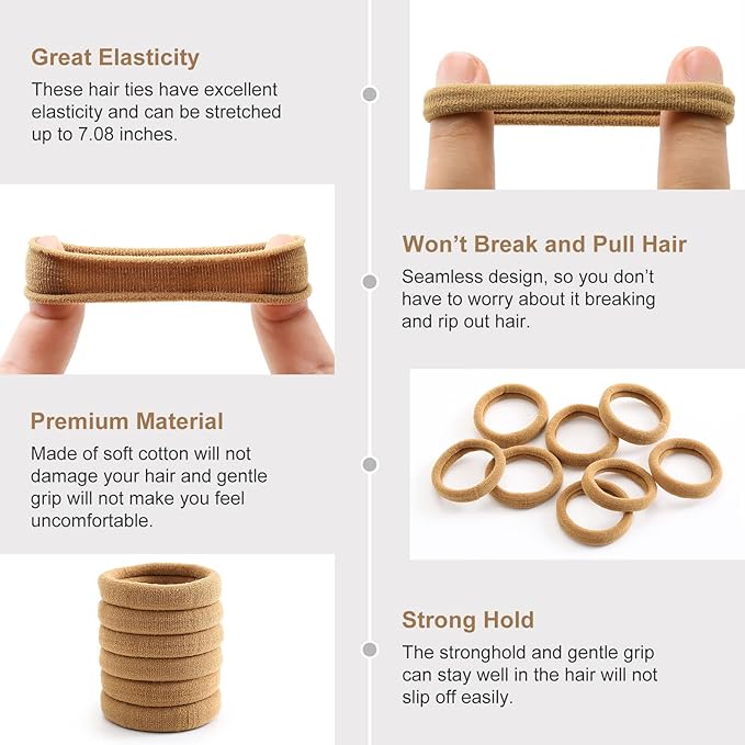 100 Pcs Thick Seamless Hair Ties, Ponytail Holders Hair Accessories No Damage for Thick Hair (Light Brown Colors)