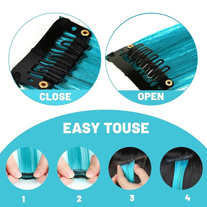 22 inch Colored Hair Extensions, Multi-colors Party Highlights Clip in Synthetic Hair Extensions, Color Party Highlights Hairpieces for Girls Women(10 PCS Sky Blue)