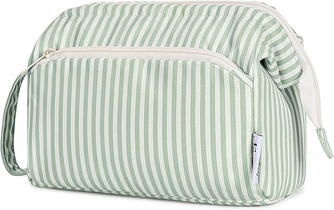 Narwey Striped Makeup Bag Women Wide-open Make up Bag Travel Cosmetic Bag Organizer Toiletry Bag for Cosmetics Toiletries Accessories (Mint Green Stripe)