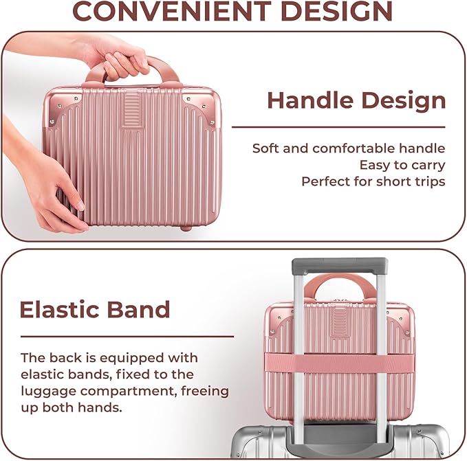 Noverlife 14 Inch Portable Makeup Travel Case Hand Luggage, Pressure-proof ABS Carrying Makeup Case Suitcase with Elastic Band, Small Hard Shell Cosmetic Case for Travel Camping Women Girl - Rose Gold