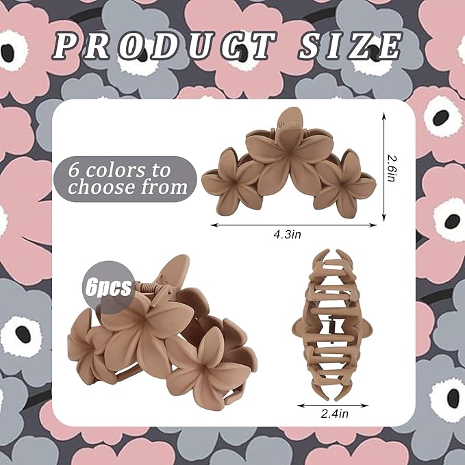 6PCS Flower Hair Clips for Women, Non-Slip Matte Hawaiian Plumeria Large Claws Clips with Strong Hold, Cute Beach Hair Accessories