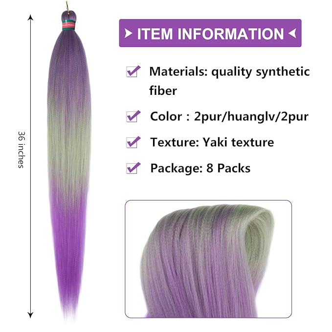 Ombre Purple-Green Pre Stretched Braiding Hair, 36 Inches Braid Hair Extensions, 8 packs Multi Color Blend Braiding Hair Pre-stretched, Crochet Hair Braiding