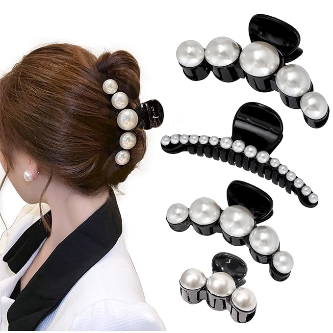 Mehayi 4 PCS Large Black Pearl Hair Claw Clips for Women Girls, Hair Barrette Clamps for Thick Thin Hair, Fashion Hair Accessories Headwear Styling Tools for Party Wedding