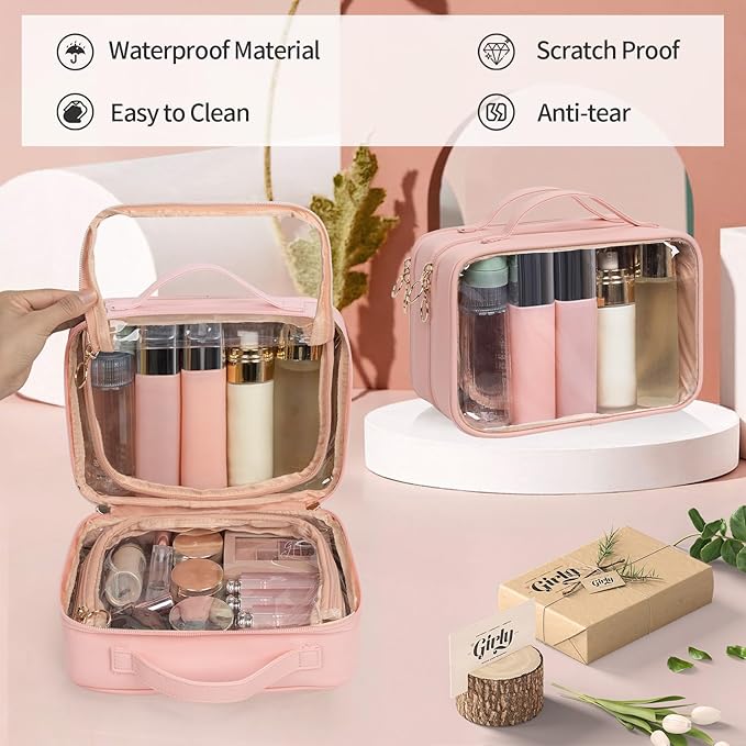 OCHEAL Makeup Bag, Double Layer Cosmetic Bag, Large Capacity New Look Clear Cosmetic Case for Women Travel Beauty Essentials, Multiple Compartments Make up Organizer Zipper Pouch- Pink