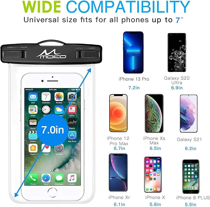 MoKo Waterproof Phone Pouch 2Pack, Underwater Phone Case Dry Bag with Lanyard Compatible with iPhone 16 14 13 12 11 Pro Max X/Xr/Xs Max/SE 3, Samsung S21/S10/S9, Note 10/9/8, Black+Black