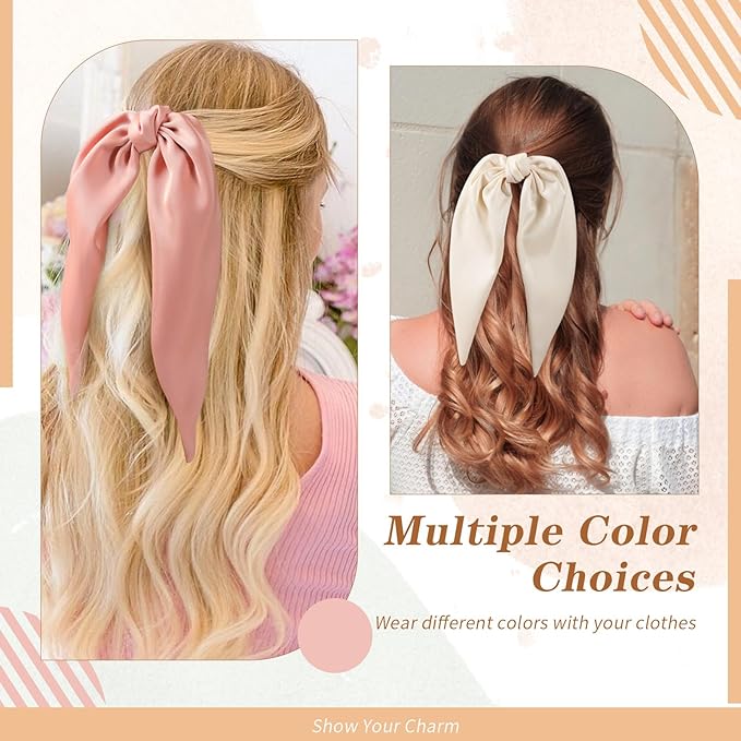 6PCS Silky Satin Hair Bows, Hair Bow Clips with Long Tail, Hair Bows for Girls & Women Elegant Bow Hair Ribbon Ponytail Holder, Alligator Metal Clips Accessories for Toddler & Kids Gifts Neutral Color