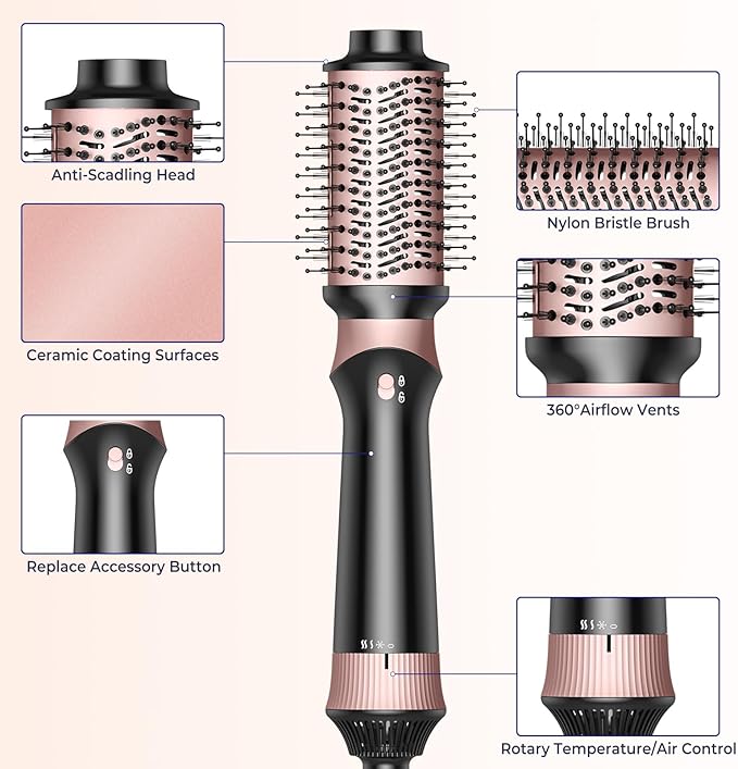 4 in 1 Hair Dryer Brush, Blow Dryer Brush for Hair Styling, Thermal Brush Hot Air Brush and Volumizer with Round Brush Blow Dryer, Hair Straightening Brush, Curling Brush, Hair Styling Tools